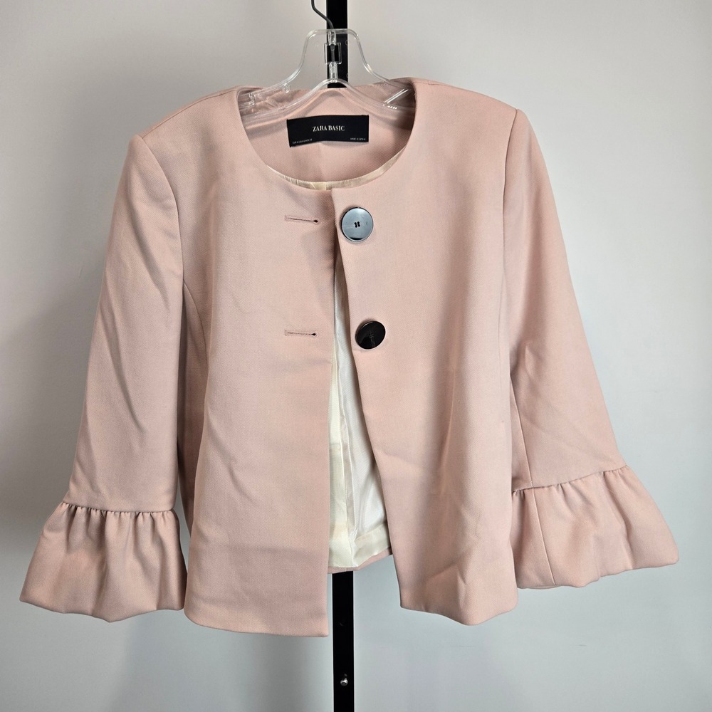 Zara Basic Womens Blush Pink Ruffle Bell Sleeve Collarless Cropped Blazer Size M